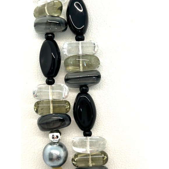 Vintage Czech Glass Beaded Necklace Black Smokey Gray & Clear With Tag - Picture 6 of 11